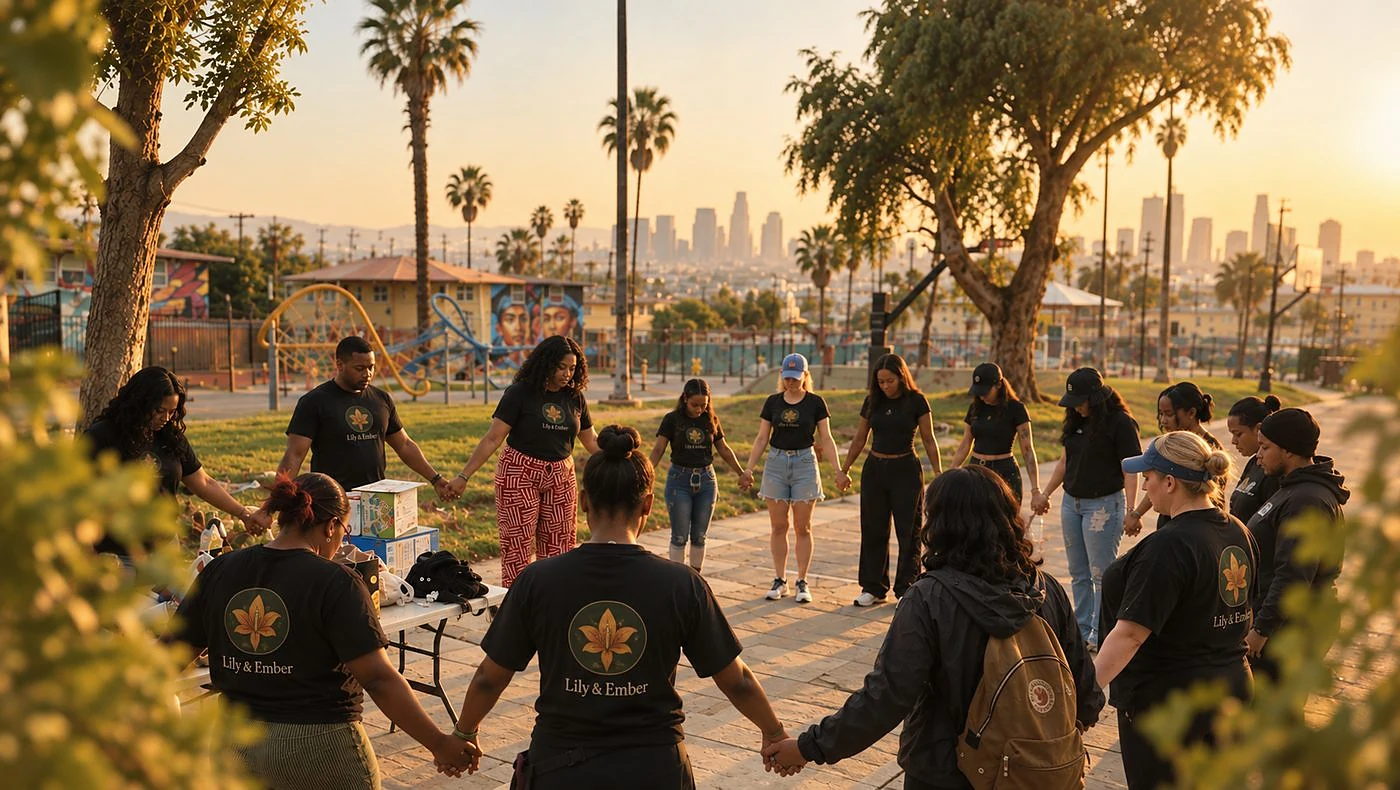 A circle of Lily & Ember volunteers holding hands in a community park at sunset, with the Los Angeles skyline in the background