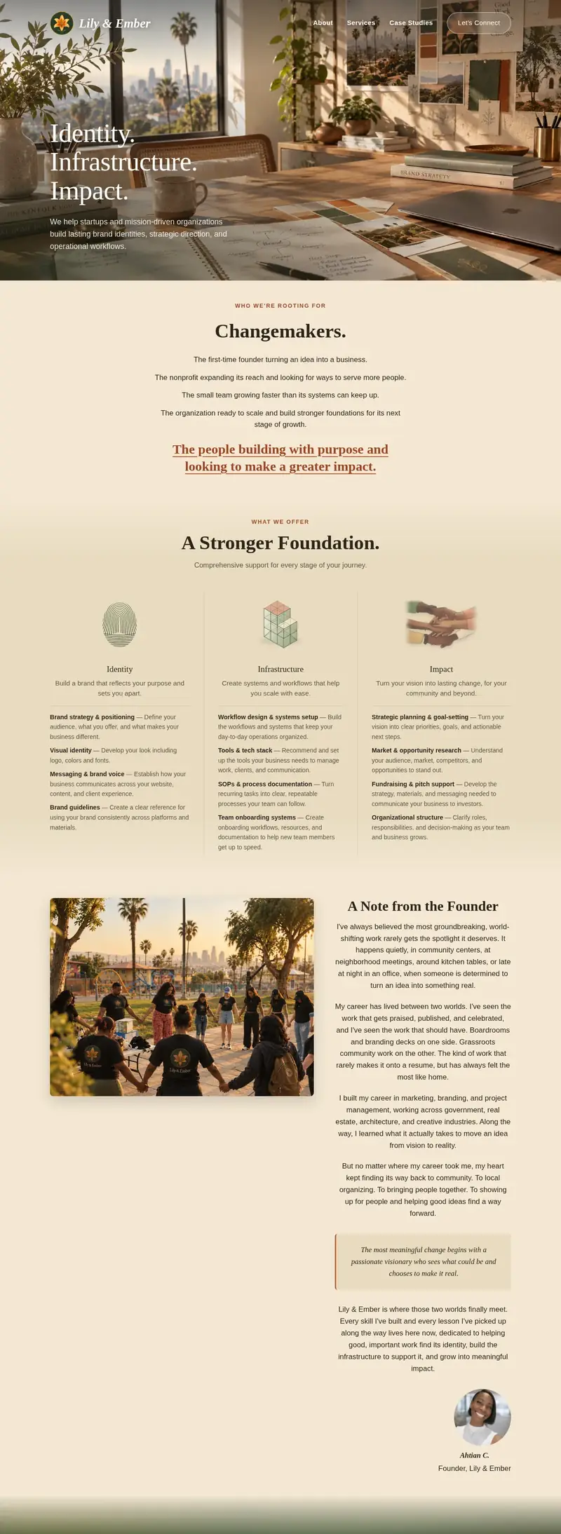 The Lily & Ember homepage, from the welcome section through who we serve, services, the founder's note, and the closing invitation